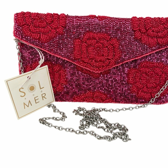 Sol And Mer Handbags - Sol and Mer Red Beaded Floral Envelope Clutch w/Crossbody chain strap